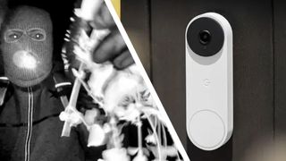 Nest Video doorbell footage of Nancy Guthrie's potential abductor provided by FBI next to a Nest Video Doorbell via Google