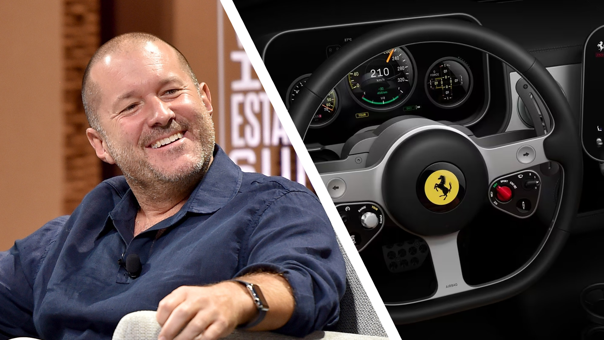 Jony Ive (Getty Images) and Ferrari Luce interior (Ferrari)